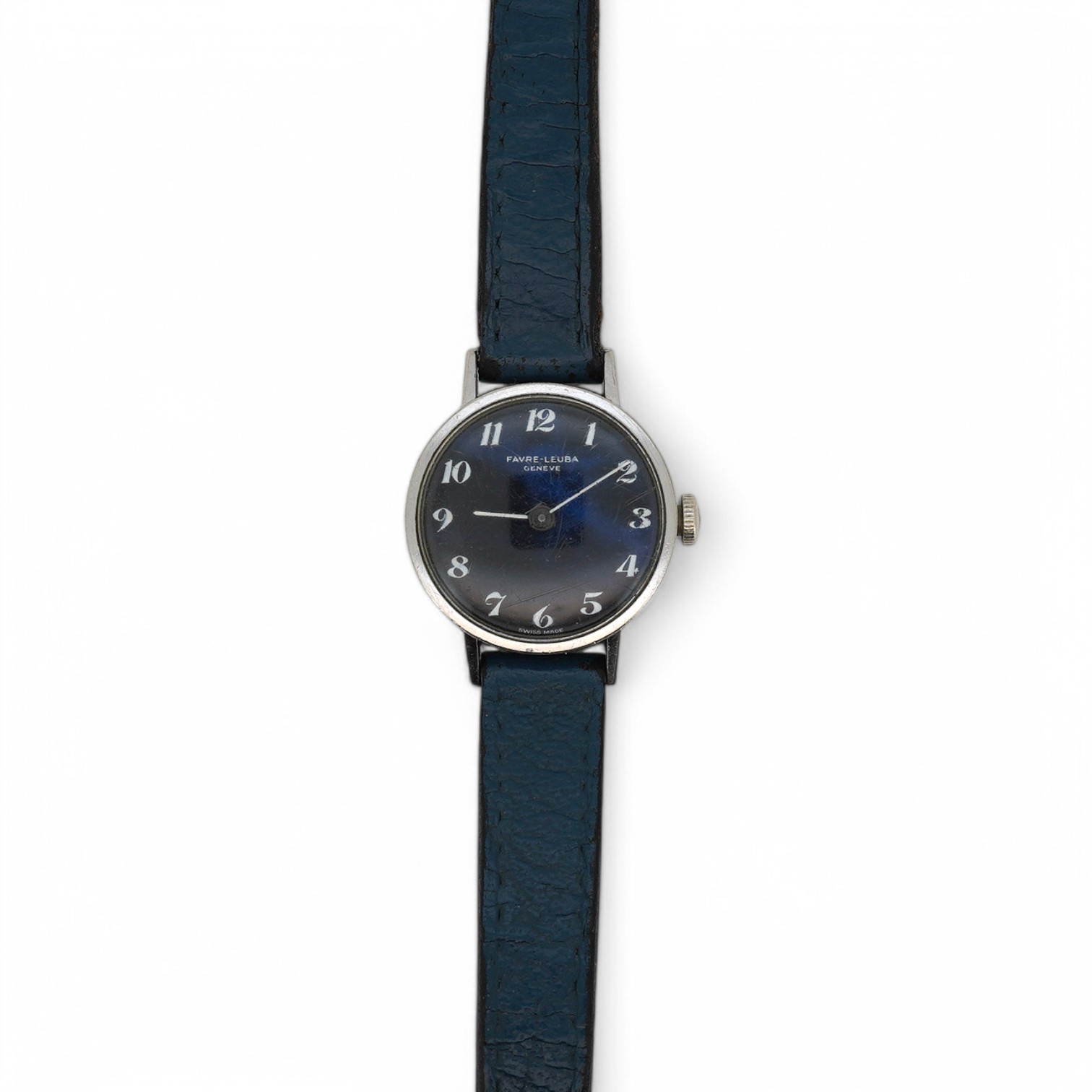 A lady's stainless steel Favre Leuba manual wind wrist watch, with lapis lazuli Arabic dial, case diameter 23mm, on an associated leather strap. Condition - fair